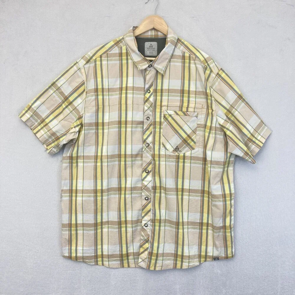Ascend Snap Up Lightweight Shirt Mens 2XL Plaid Yellow Brown‎ Outdoor Pocket XXL